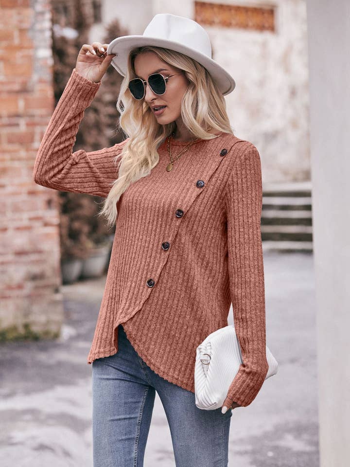 Lovesoft - Wholesale Knit Top - Women's - Round Neck Pit Strip Polished Tulip Hem Solid Color Button T-shirt6