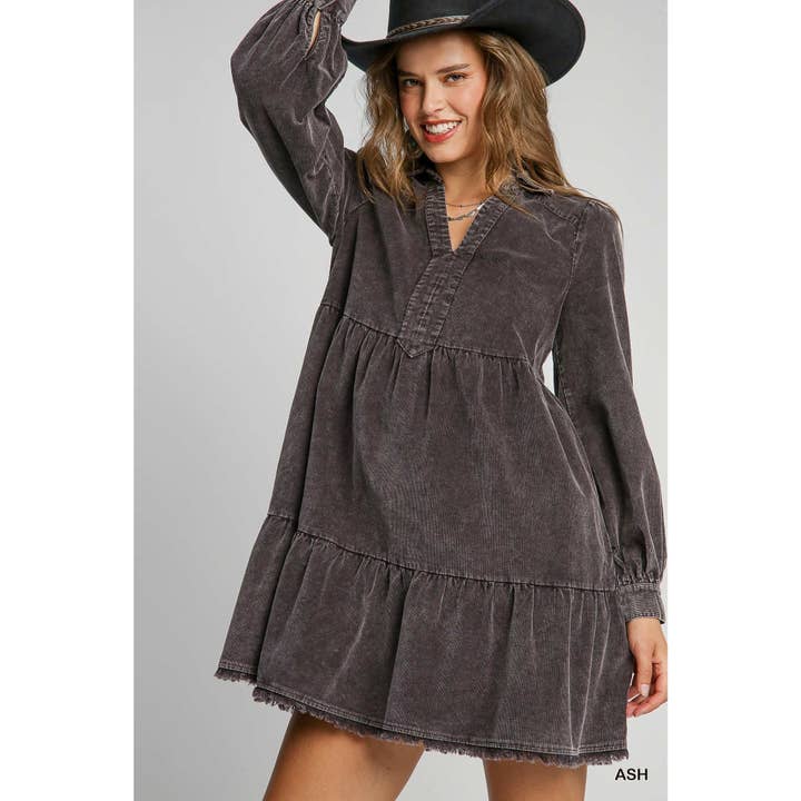 Mineral Wash Corduroy Tiered Dress for wholesale by STYLE USA
