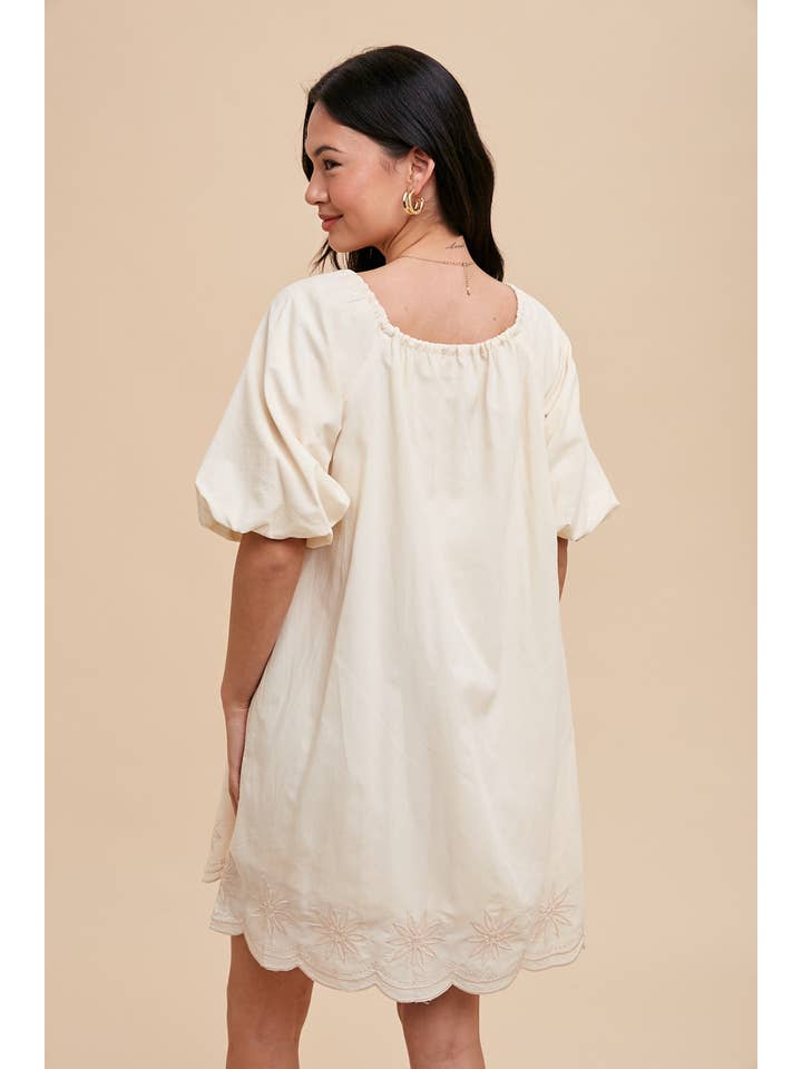 APRICOT CRUSH PUFF SLEEVE EMBROIDERED COTTON MODAL DRESS for wholesale on Faire
