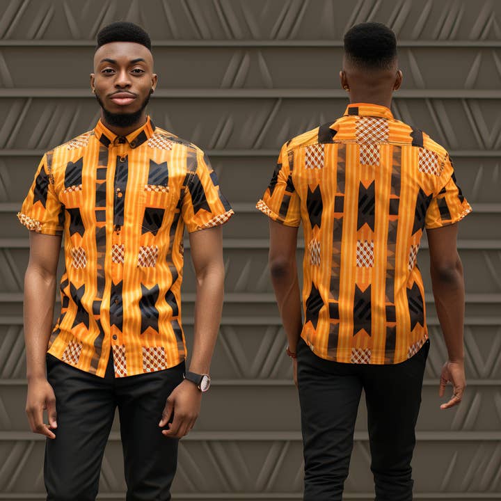 NeoShores - Wholesale Buttoned-down shirt – Men's - African Kente Pattern Mandarin Collar Men Casual Shirt2