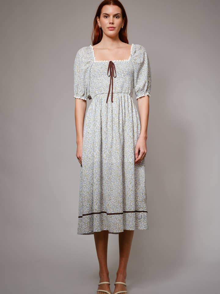 99535D - Smocked Lace Trim Floral Midi Dress for wholesale by Blue B