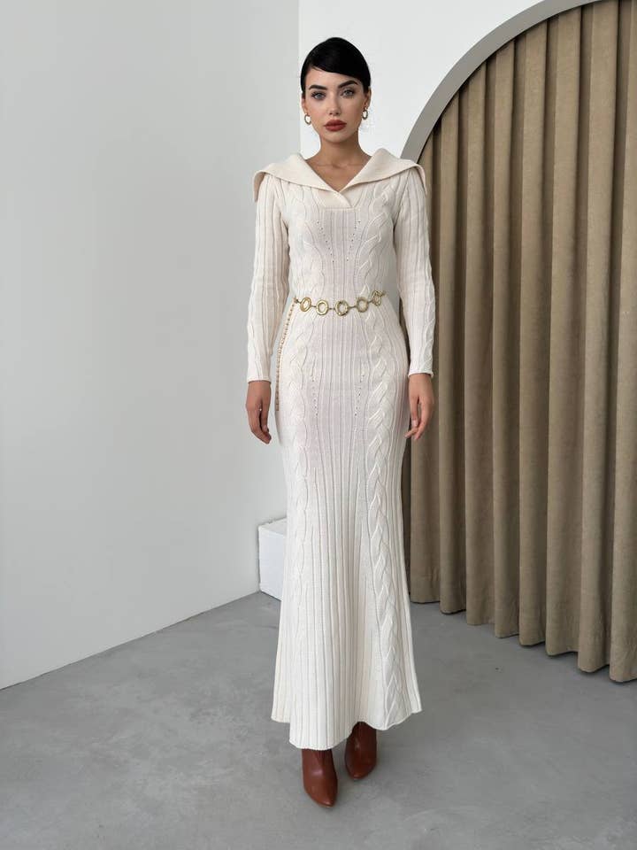 Design company-Fatma Balkir - Wholesale Dress - Women's - Wide Collar Cable Knit Long Slim Dress – Fitted Tricot dress11