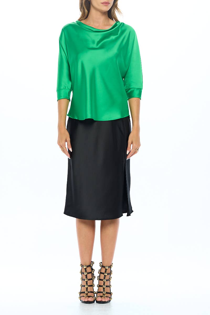 GREEN Made in USA Satin Vibrant Cowl neck 3/4 Sleeve Top for wholesale on Faire1