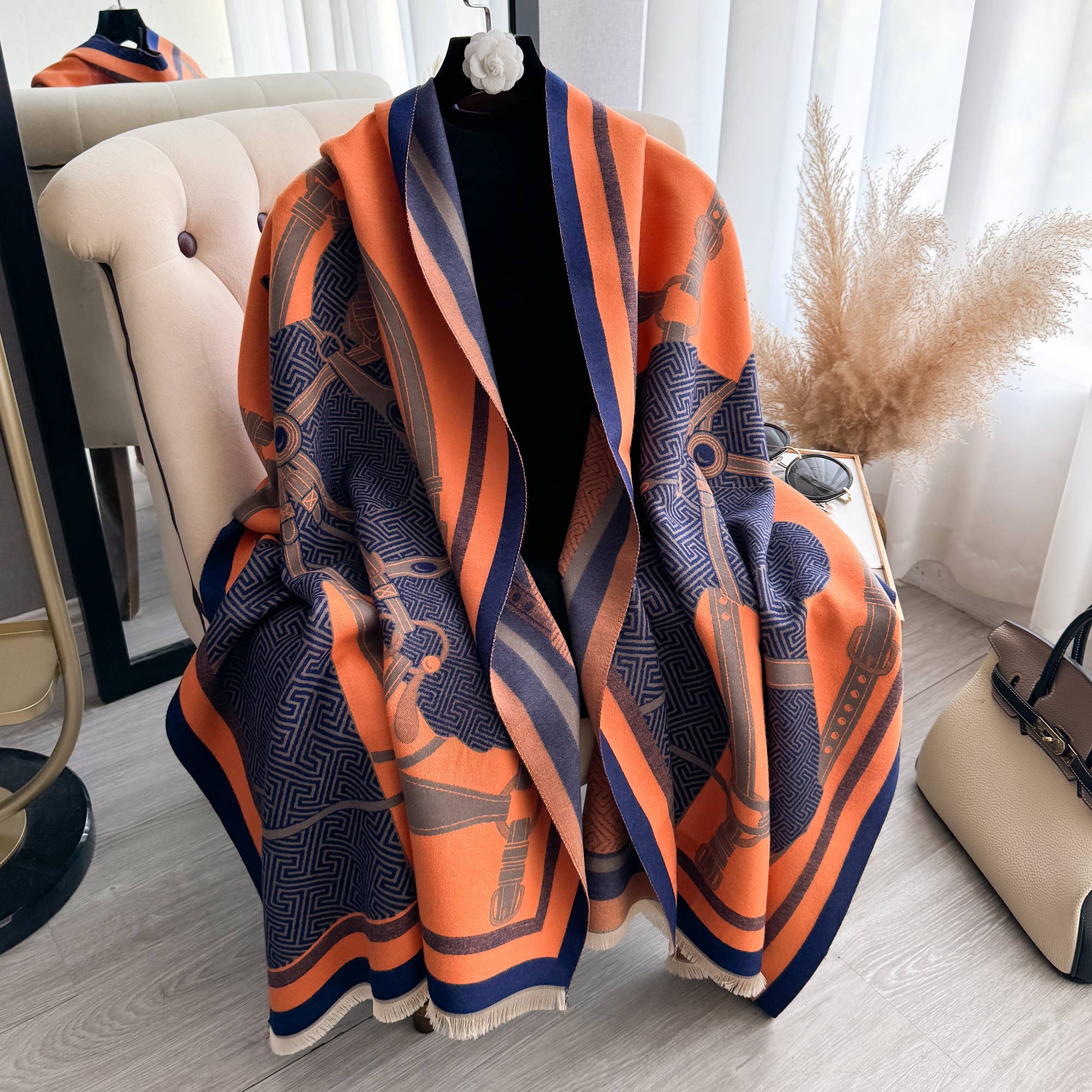 Winding River – Großhandel Schultertuch – Damen – Reit-Orangen/Blaues Pferdehalfter Wende-Wrap1