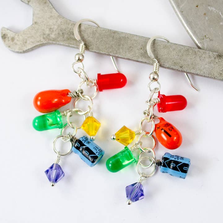 Rainbow Electronic Component Cluster Earrings for wholesale by Circuit Breaker Labs