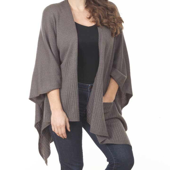 Slate Knit Poncho Wrap Cape with Pockets for wholesale by Fennco Styles
