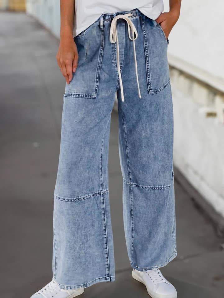 Acid Wash Exposed Seam Drawstring High Waist Jeans | 4-16 for wholesale by Aapparella