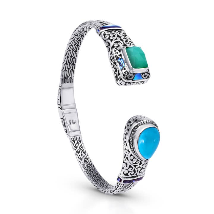 Balinese Artisan Sterling Silver Bangle with Blue Turquoise & Green Chalcedony Elegance for wholesale by Damai Designs