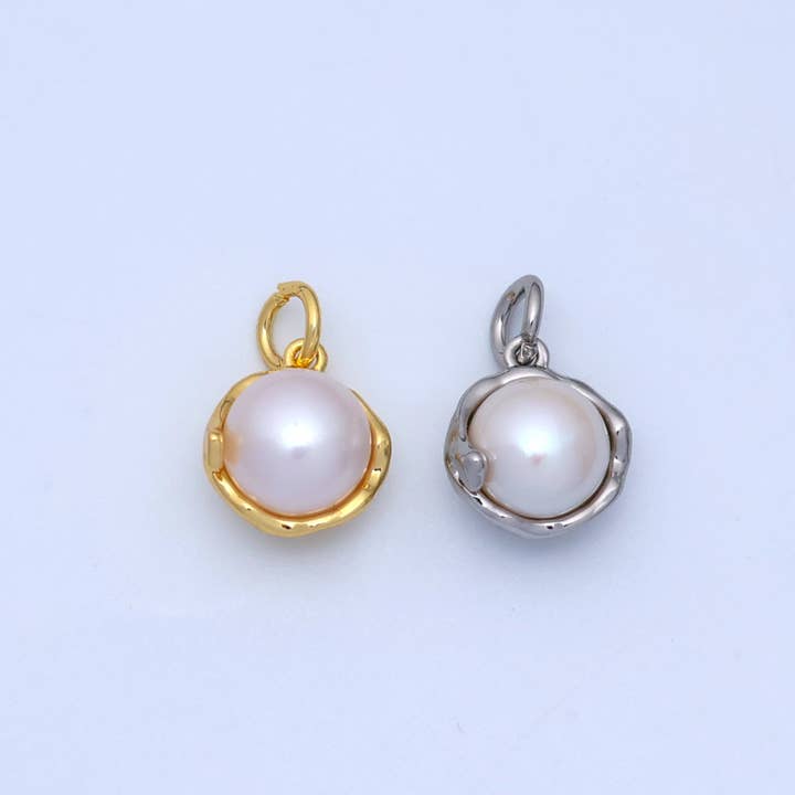 24K Gold Filled White Shell Pearl Bezel Round Charm in Gold & Silver | N026 for wholesale by Aim Eternal
