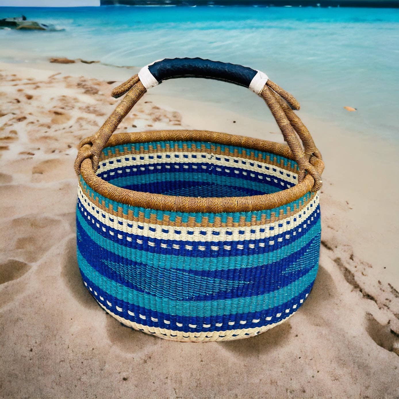 The African Home Goods - Wholesale Beach Bag - African Basket | Bolga Ghana Basket - Blue & Turquoise1