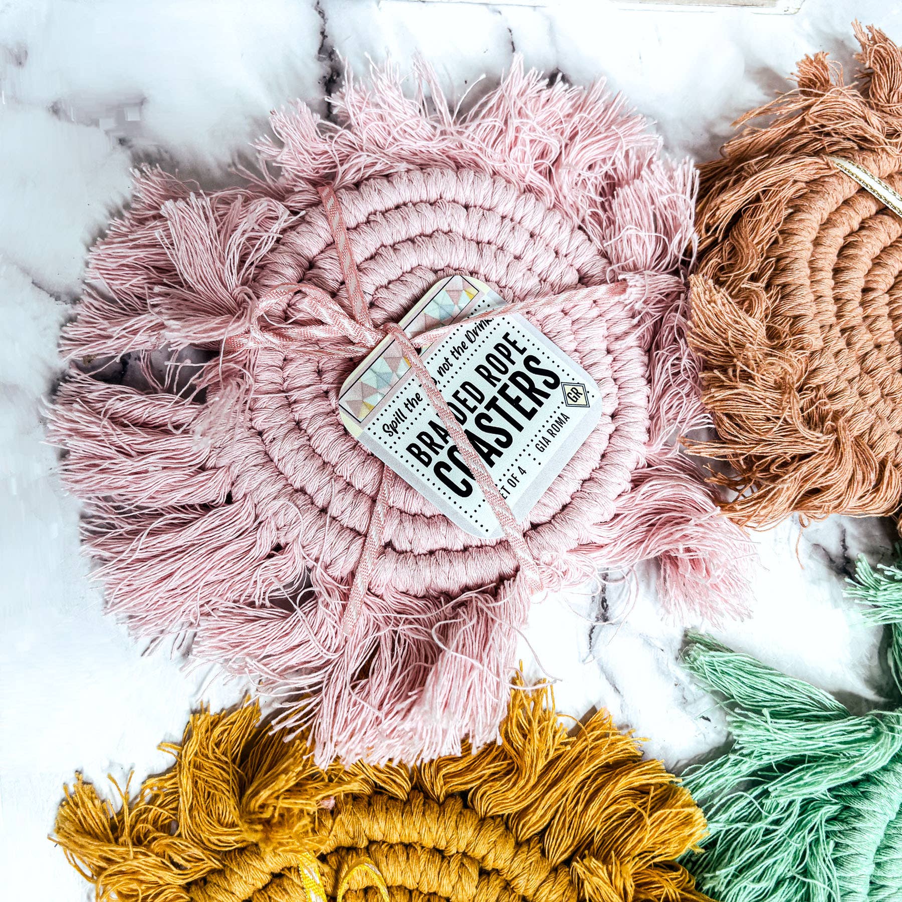 Gia Roma – Objeto de mesa decorativo por atacado – Porta-copos de algodão com tassel em tons pastéis, decoração de mesa para primavera e Páscoa25