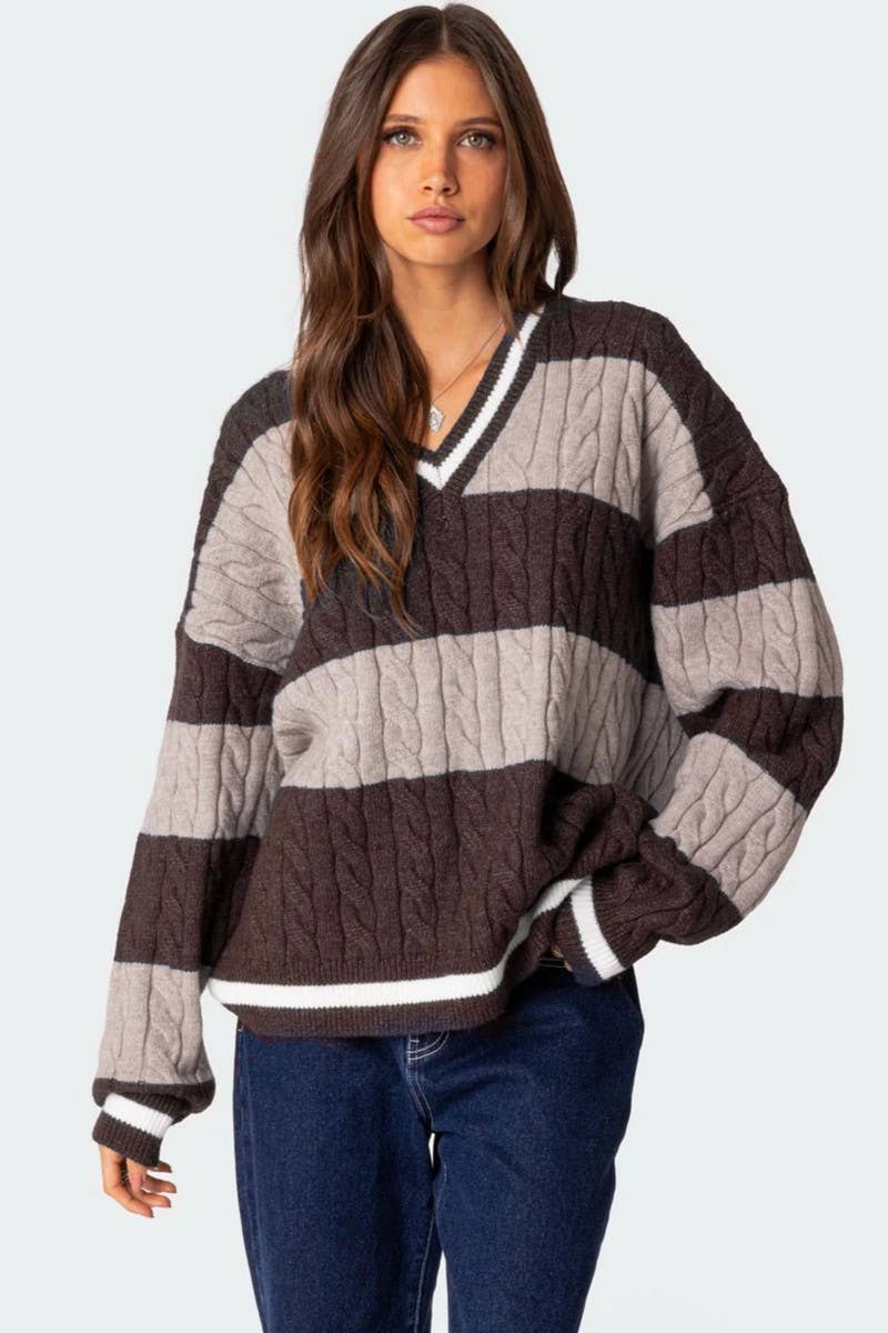 NINEXIS - Wholesale Knit Sweater - Women's - CWOSWL08090_V NECK STRIPED COLORBLOCK KNIT SWEATER3