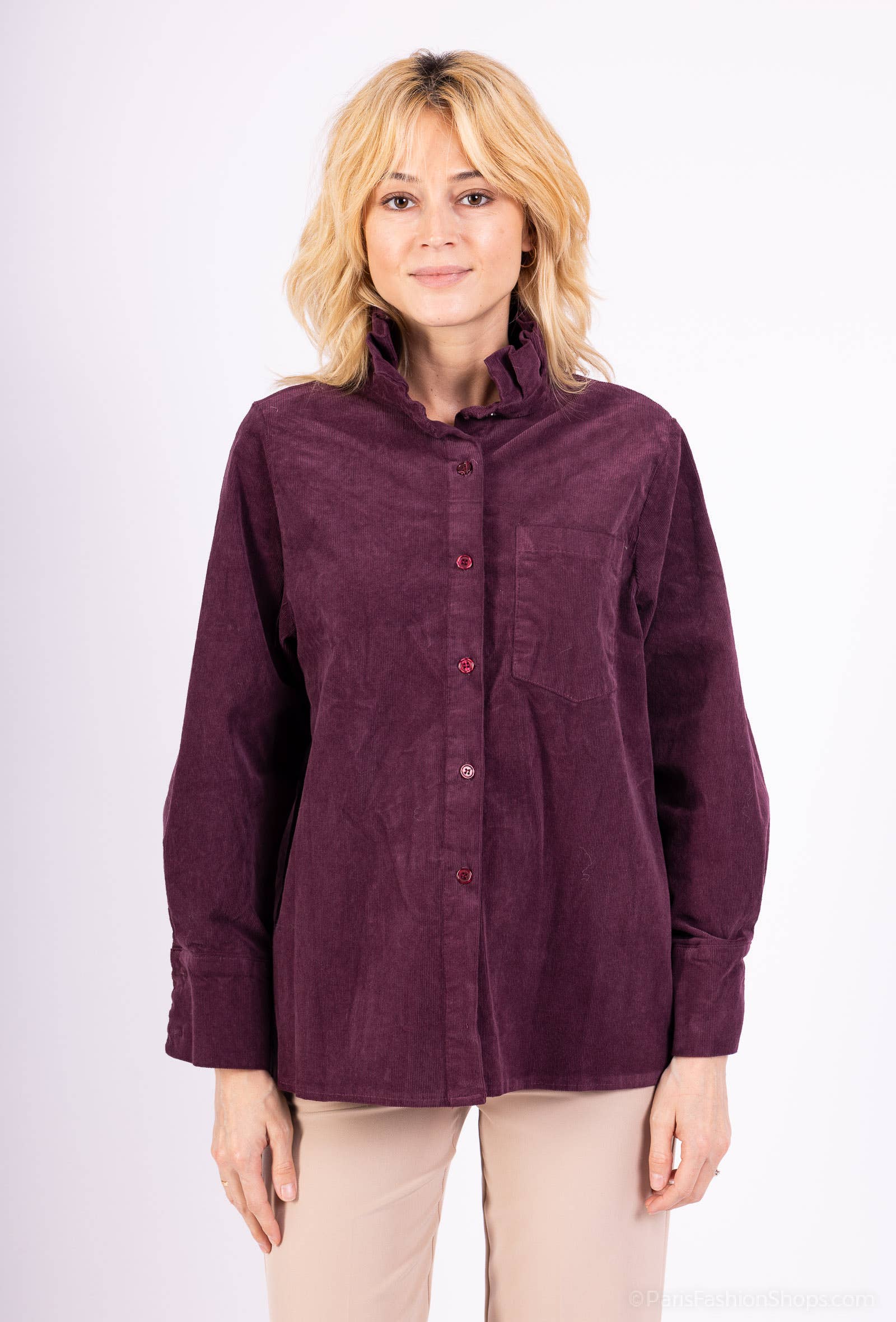 Pépouz' Paris - Wholesale Button Down Shirt - Women's - Corduroy shirt with ruffled collar PC2552