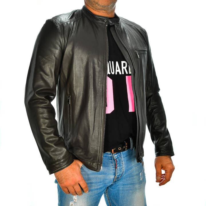 dark brown Men's genuine leather jacket. for wholesale on Faire1