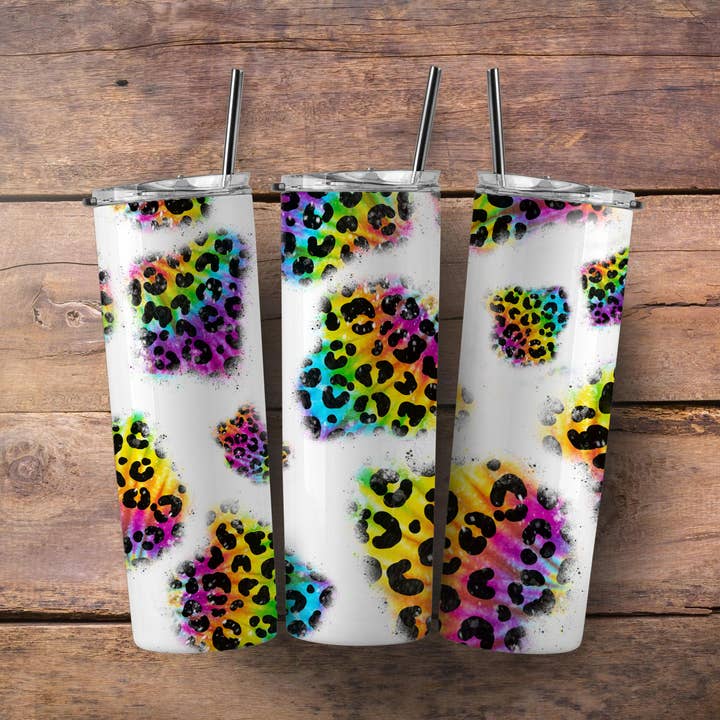 rainbow leopard patches 20oz skinny tumbler for wholesale by The Goblin Saloon