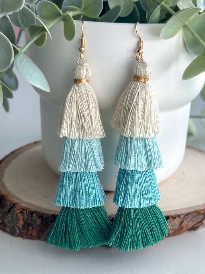 Free Fall Tassel Earrings "Greens" for wholesale by Harris Girls & Co.