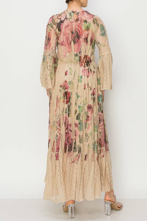 Origami Apparel ~  Lace and Crochet inspired – Vestido - Mulher por atacado – Vestido Midi Romântico em Linha A com Mangas de Sino em Renda - 4658TP-GRANDE ROSA3