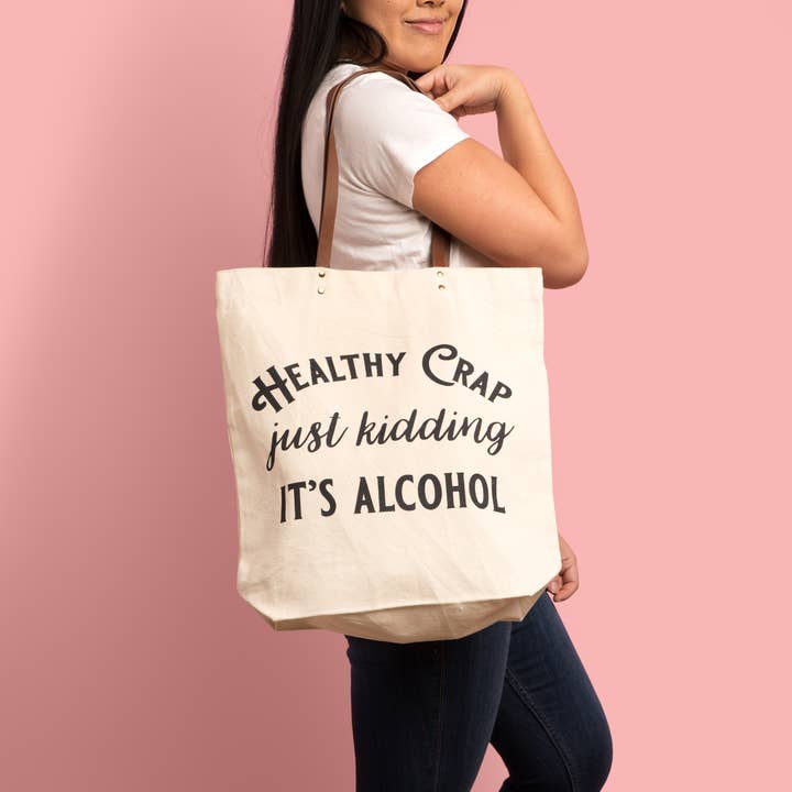 FUN CLUB - Wholesale Tote Bag - Women's - Healthy Crap Tote Bag (wine grocery, alcohol canvas, leather, mothers day)