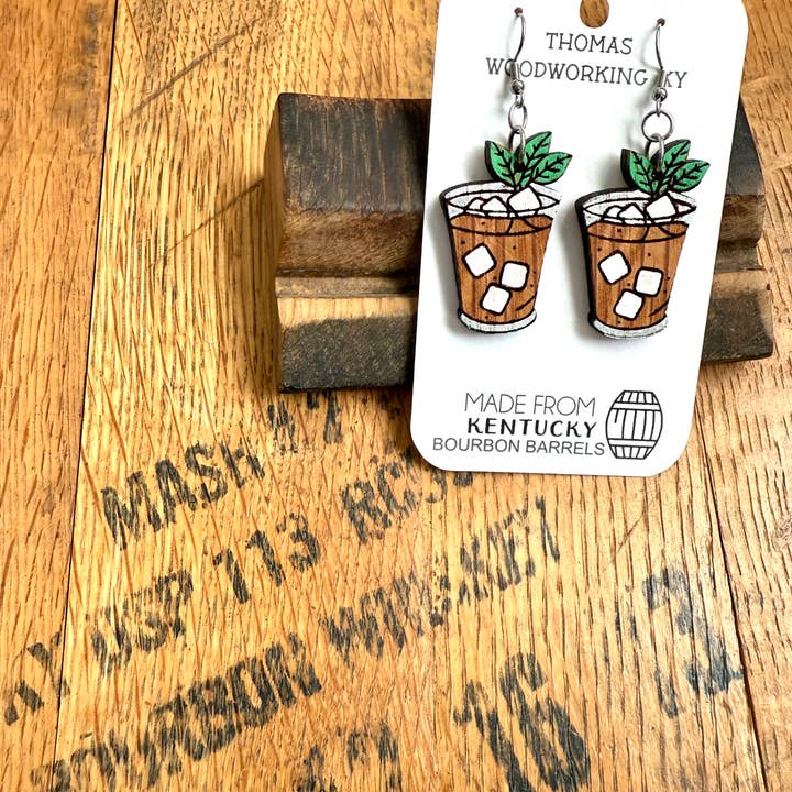 Brown Mint Julep Earrings made from Reclaimed Bourbon Barrels. for wholesale on Faire4