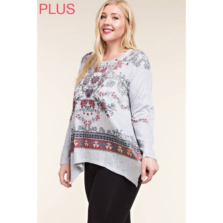 HEATHER GREY CURVY LONG SLEEVE WITH FLORAL SUBLIMATED PRINTS for wholesale on Faire2