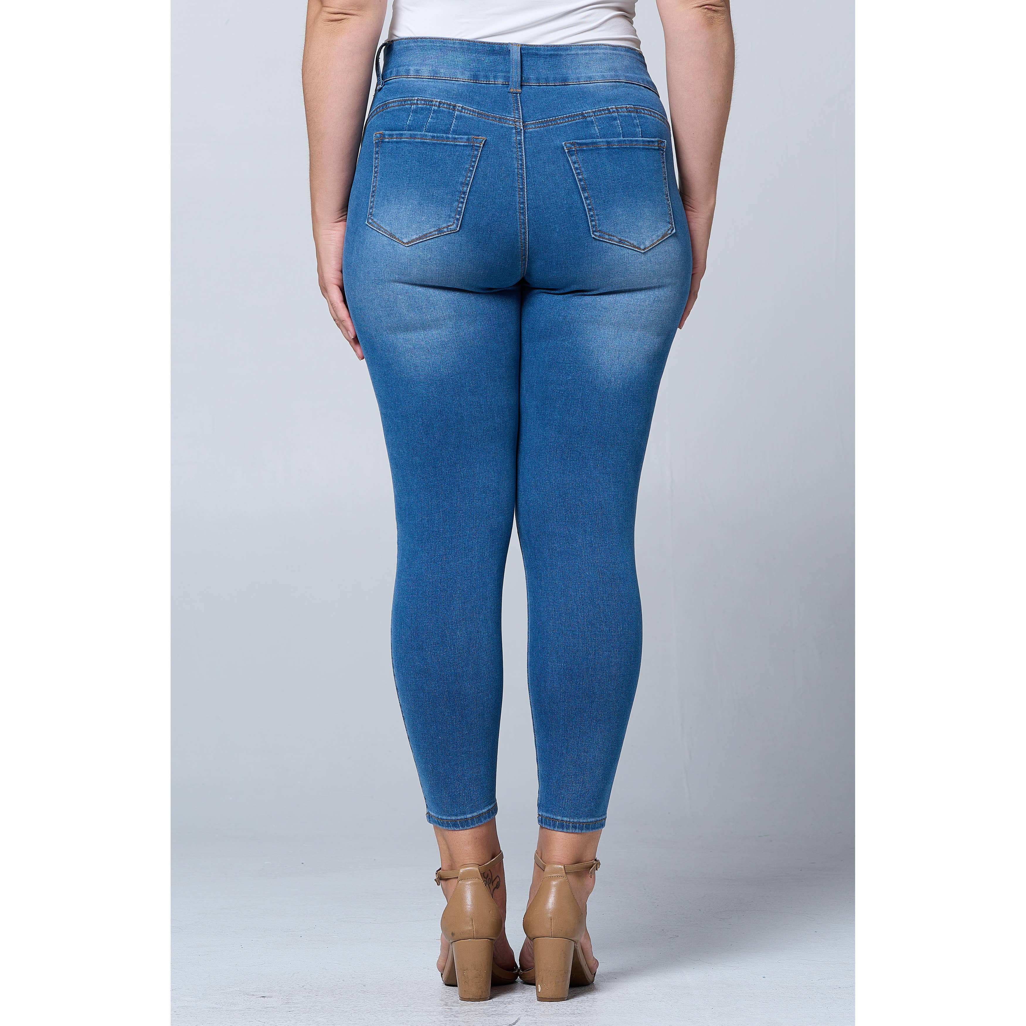Donkerblauw Plus Size Skinny Jeans met Buikcorrigerende Taille en Lifting voor de Billen PH3502X Donkerblauw voor groothandel op Faire11