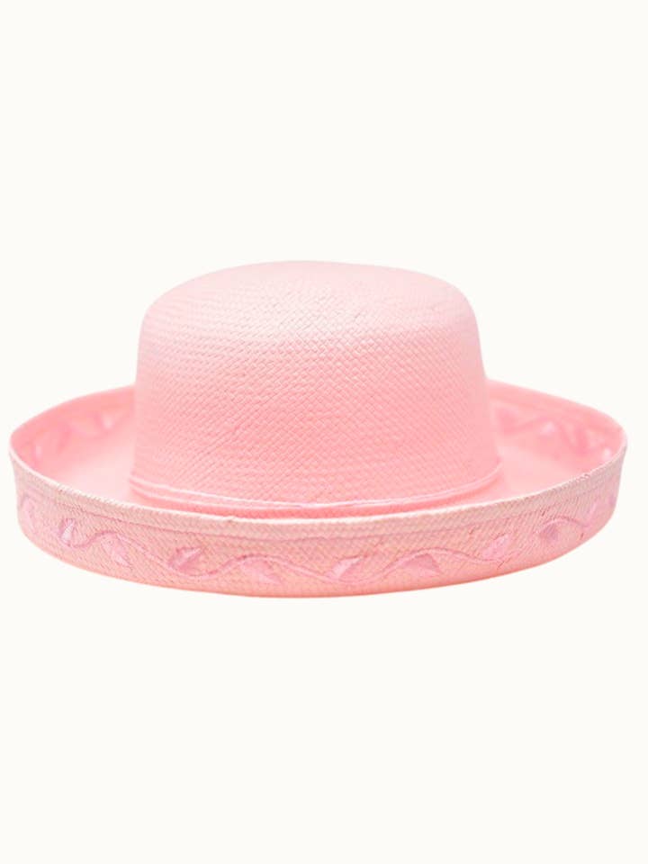 TULIP Straw Embroidery Roll Bucked Hat, Pink for wholesale by Olive & Pique