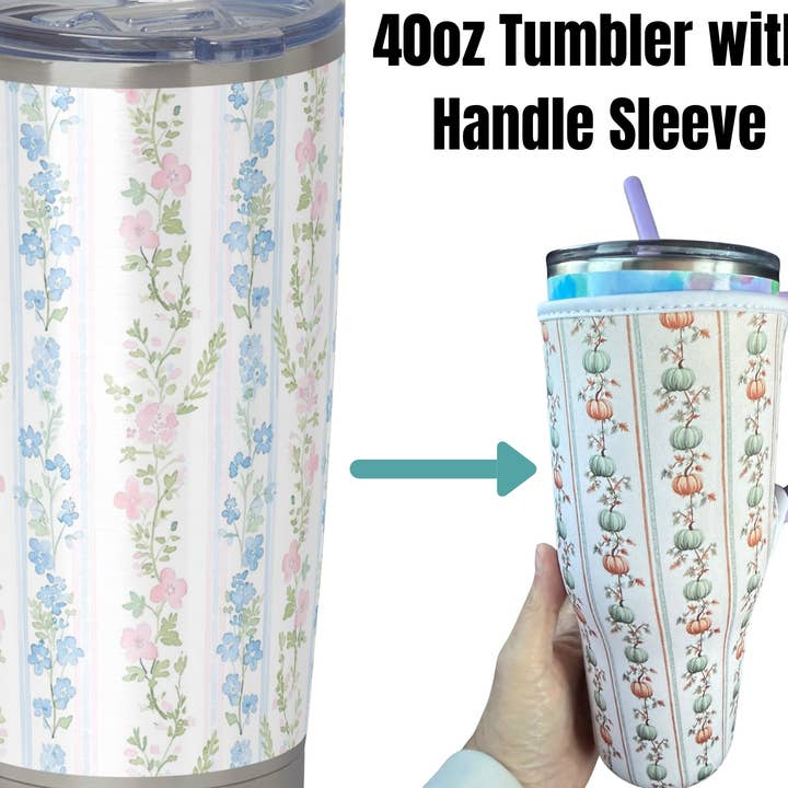 40oz Tumbler with Handle - Blue and Pink Flowers Vintage Stripes for wholesale by LA Koozie Company