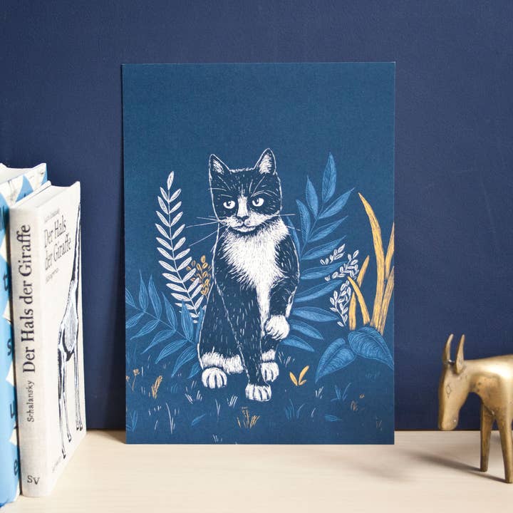 Poster Cat & Plants (blue), A4 for wholesale by Katja Rub