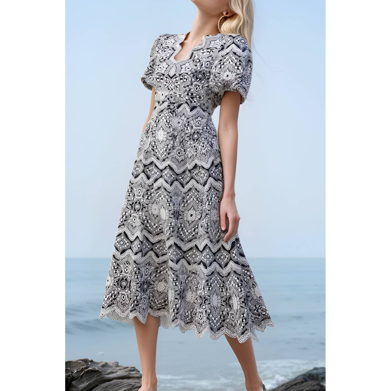 NAVY Asymmetrical Embroidery Maxi Dress for wholesale on Faire0