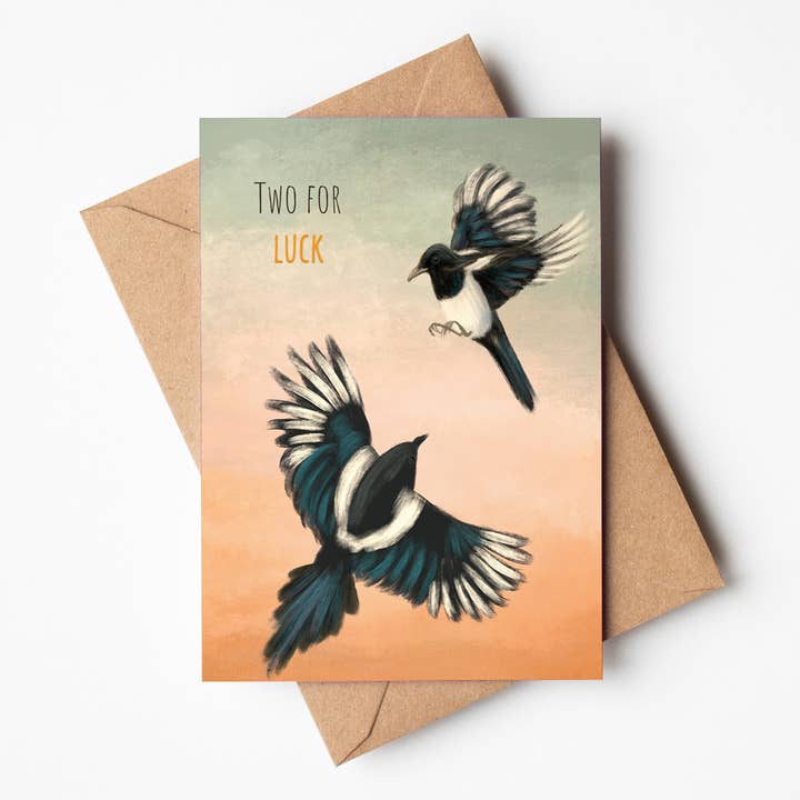 Magpies Good Luck Greeting Card for wholesale by Jo Couch