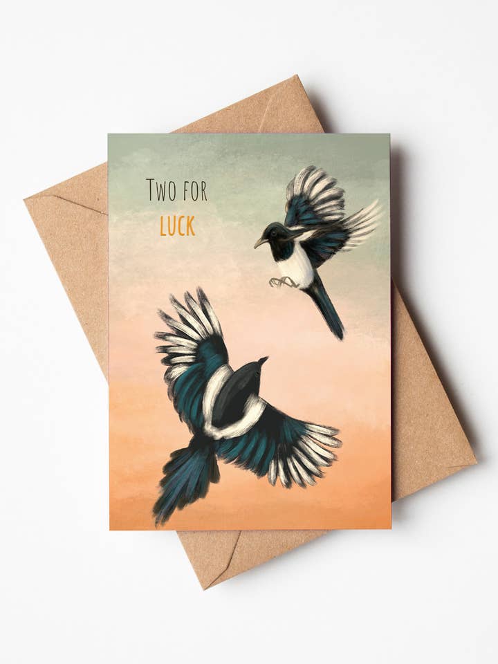 Magpies Good Luck Greeting Card for wholesale by Jo Couch