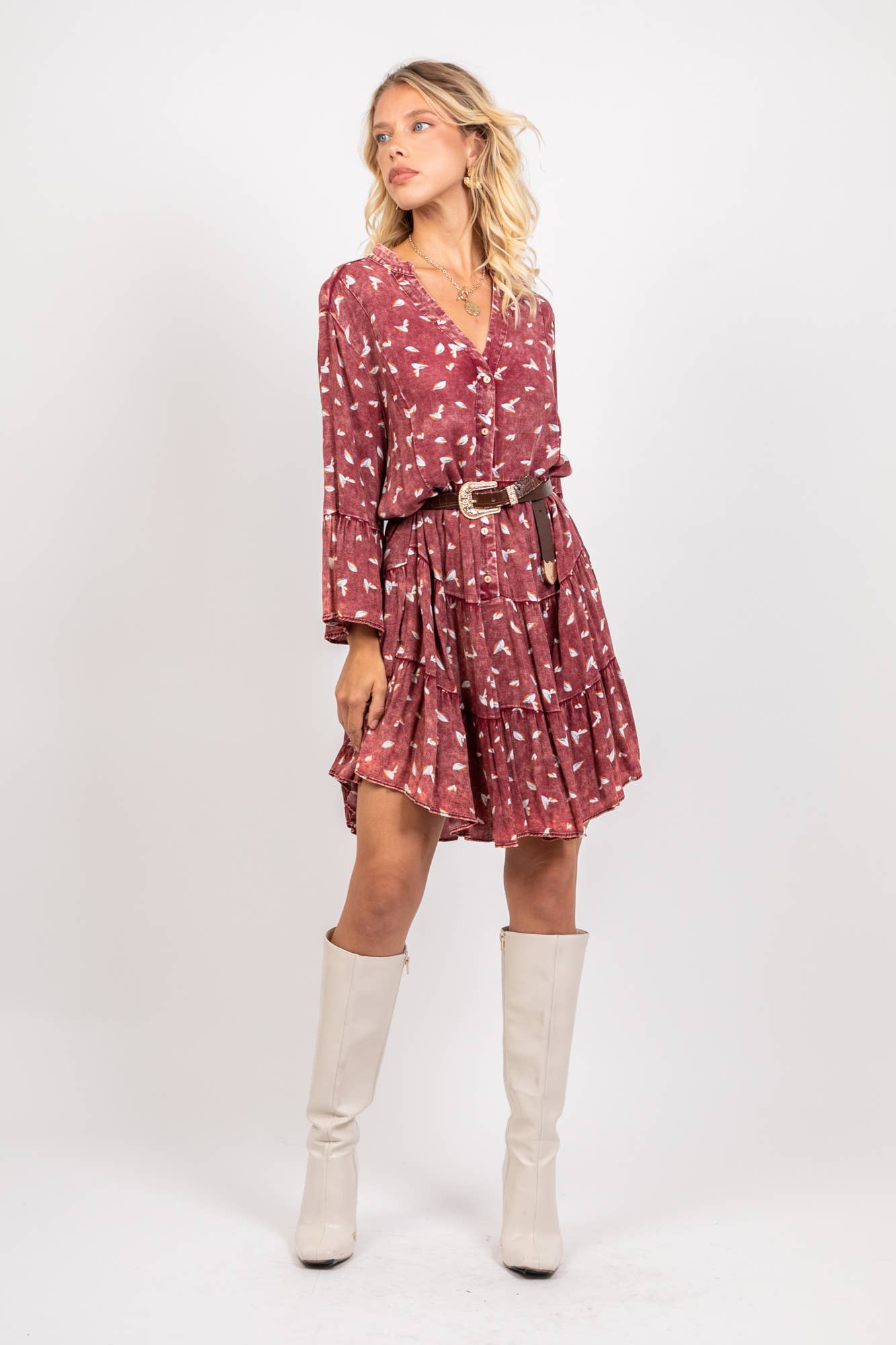 Rosa Vestido túnica de media longitud, corte evasé, tejido lavado de venta al por mayor en Faire4