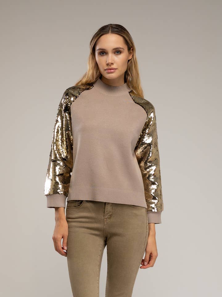 Knit sweater with sequin sleeves for wholesale by Tantra