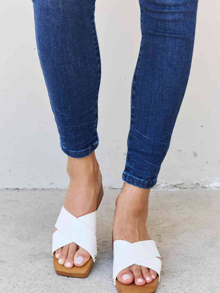 Weeboo Step Into Summer Criss Cross Wooden Clog Mule in White for wholesale by Fashion Quality Boutik