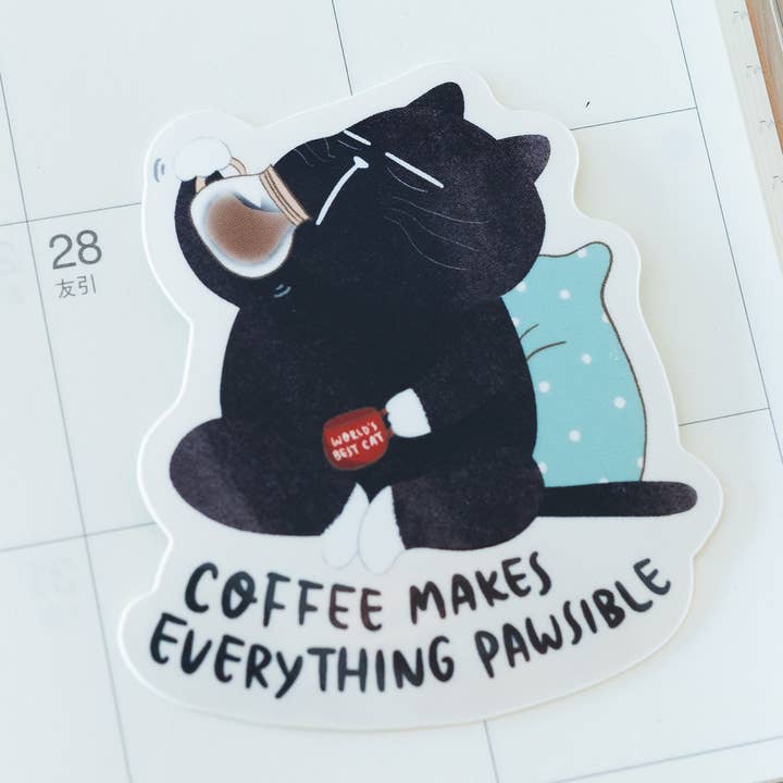 "Kaffee macht alles pfötlich" schwarzer Katzenaufkleber für den Großhandel von Moonaries illo