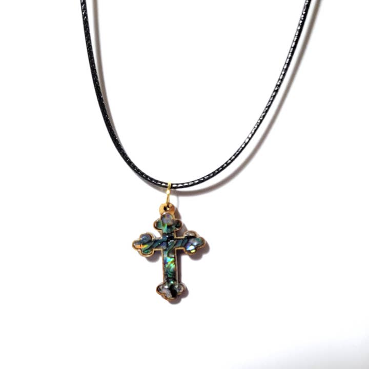 Eclectic Woodchuck - Wholesale Pendant/Charm Necklace - Bottoni Cross Abalone and Olive Wood Pendant