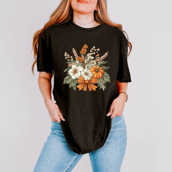 Coquette Orange Bow Fall Floral Garment Dyed Tee for wholesale by Olive And Ivory Wholesale