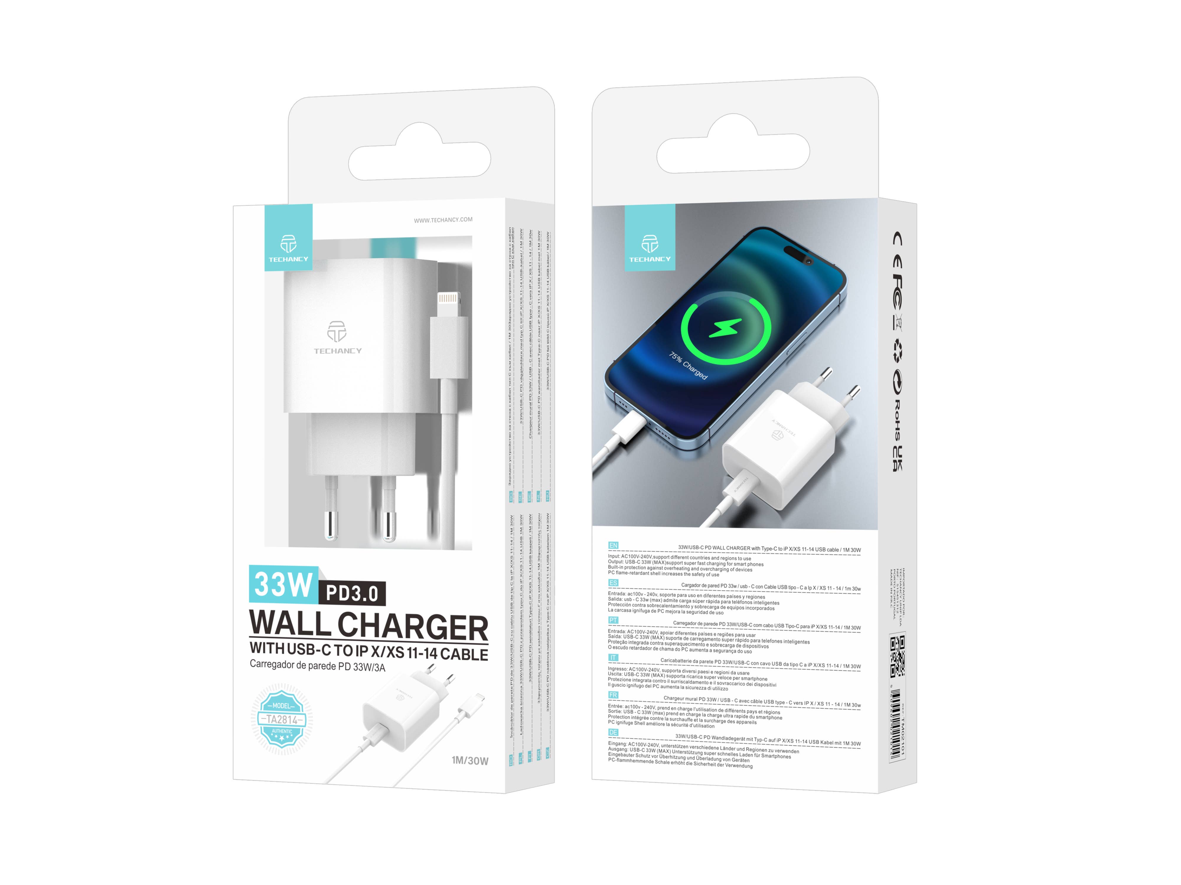 TECHANCY - Wholesale Power Adapter - 33W PD3.0 USB-C Fast Wall Charger with Type-C to Lightning 5