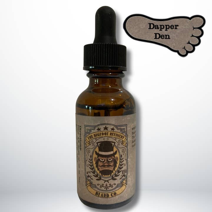 Dapper Den Beard Oil - 1oz bottle for wholesale by The Bigfoot Refinery Beard Co.