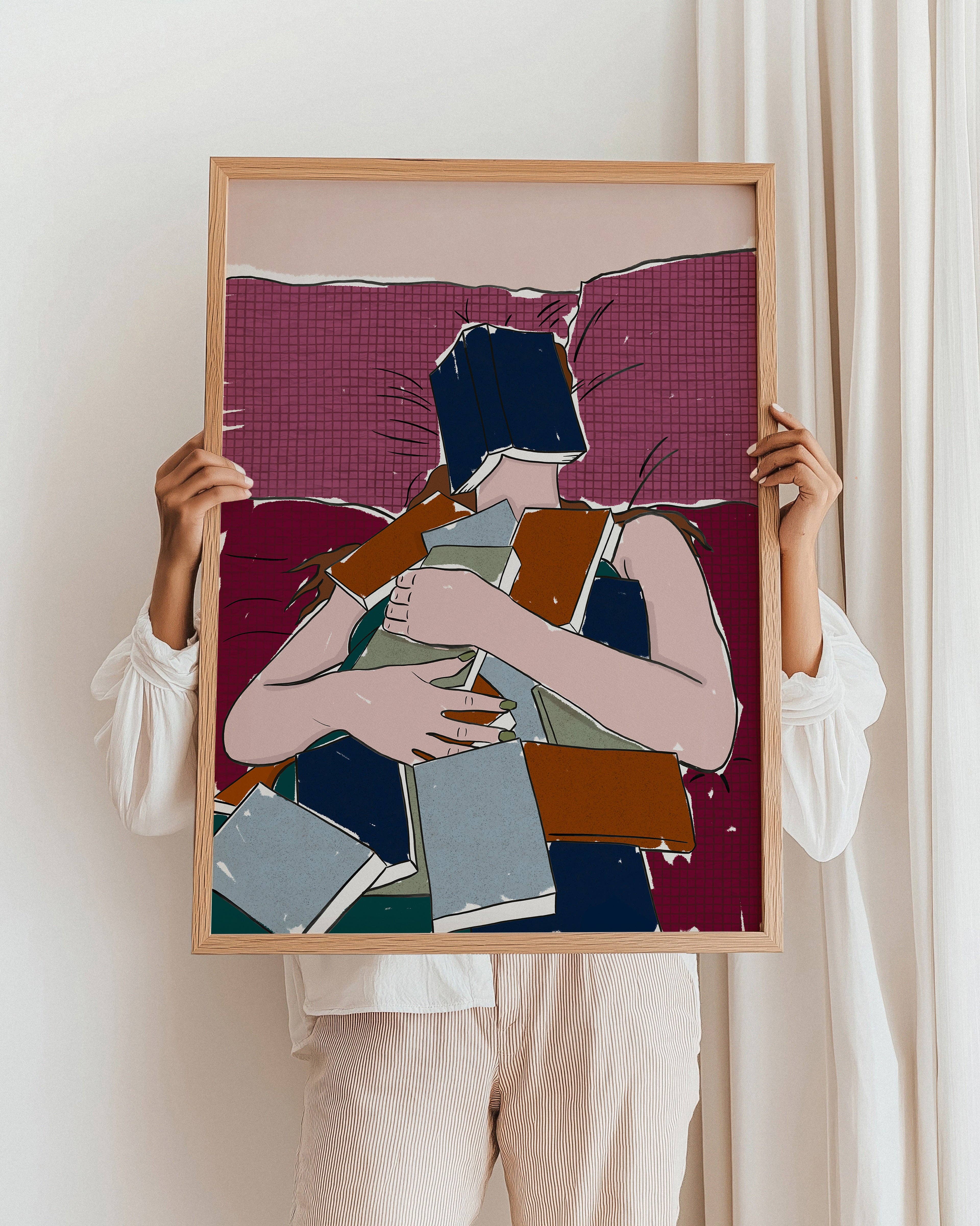 Pink Giraffe Print Co - Wholesale Art Print - Girl laying in bed covered in books print