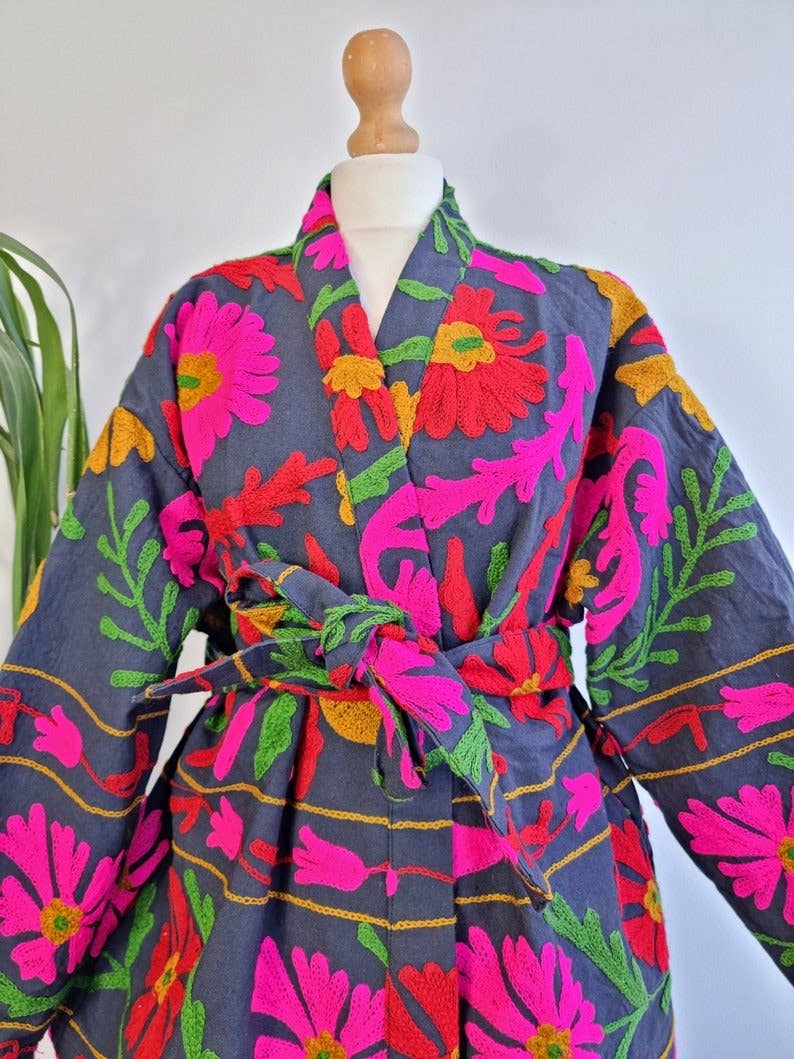 Essential Designs London – wholesale Jacket – Women's – Suzani Hand Embroidered Short Jacket | Autumn Winter Boho Uzbek Kashmir Crewel | Luxe Special Gift | Classic Elegant Black Pink Red Green |5