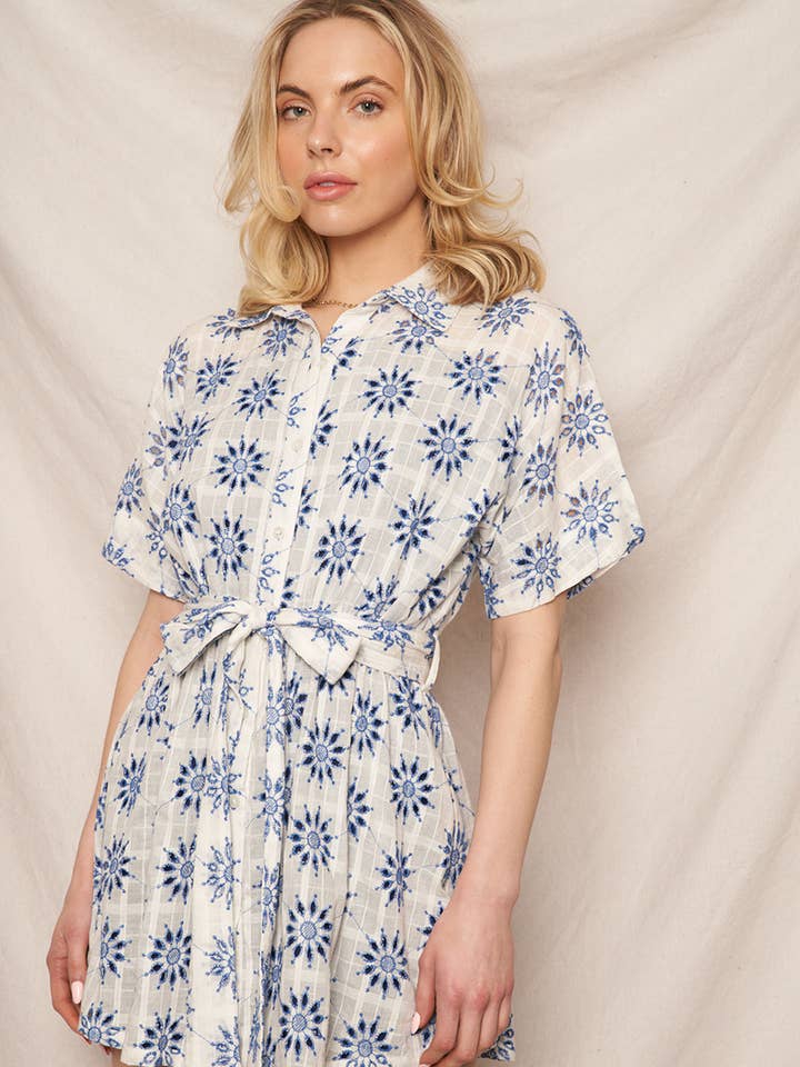 White Blue Eyelet Embroidered Button Down Mini Shirt Dress for wholesale on Faire