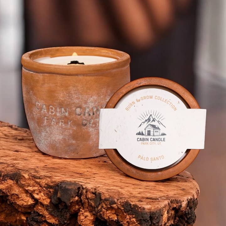 Palo Santo Burn & Grow Candle -Terra Cotta Pot w/ Seed Label for wholesale by Cabin Candle Park City
