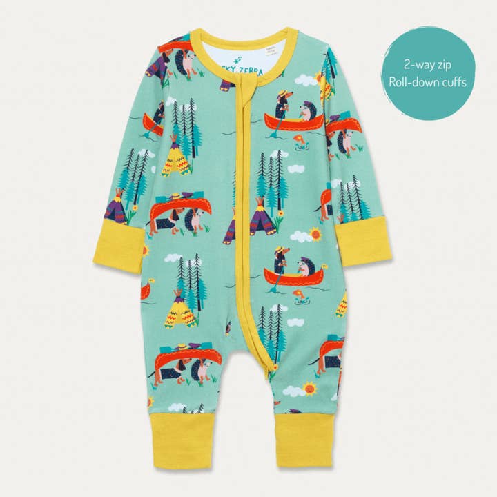 Ducky Zebra: Sustainable Kids' Clothes - Wholesale Jumpsuit - Baby - Organic Cotton Zip-Up Romper with Canoeing Dog and Hedgehog0