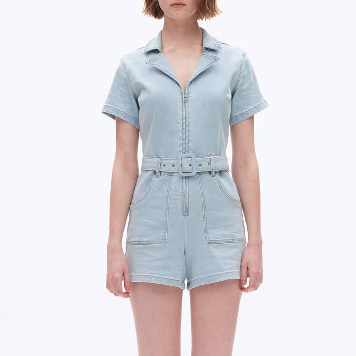 LIGHT BLUE V-NECK DENIM ROMPERS WITH FINISHED HEM BYRL017 for wholesale on Faire