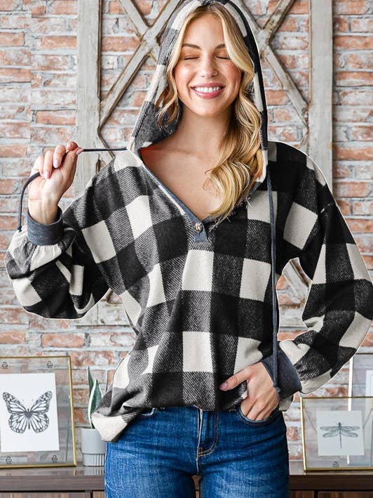BLACK IVORY ET6903-25 DRAWSTRING HOOD PLAID AND SOLID HOODIE TOP for wholesale on Faire0