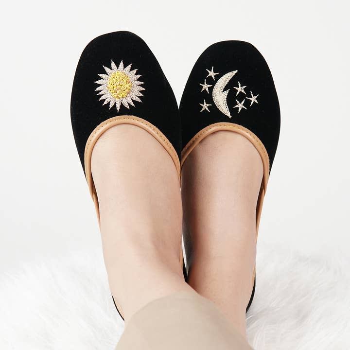 Handmade Embroidery Black Flats in US sizes Sun Moon for wholesale by Fuchsia