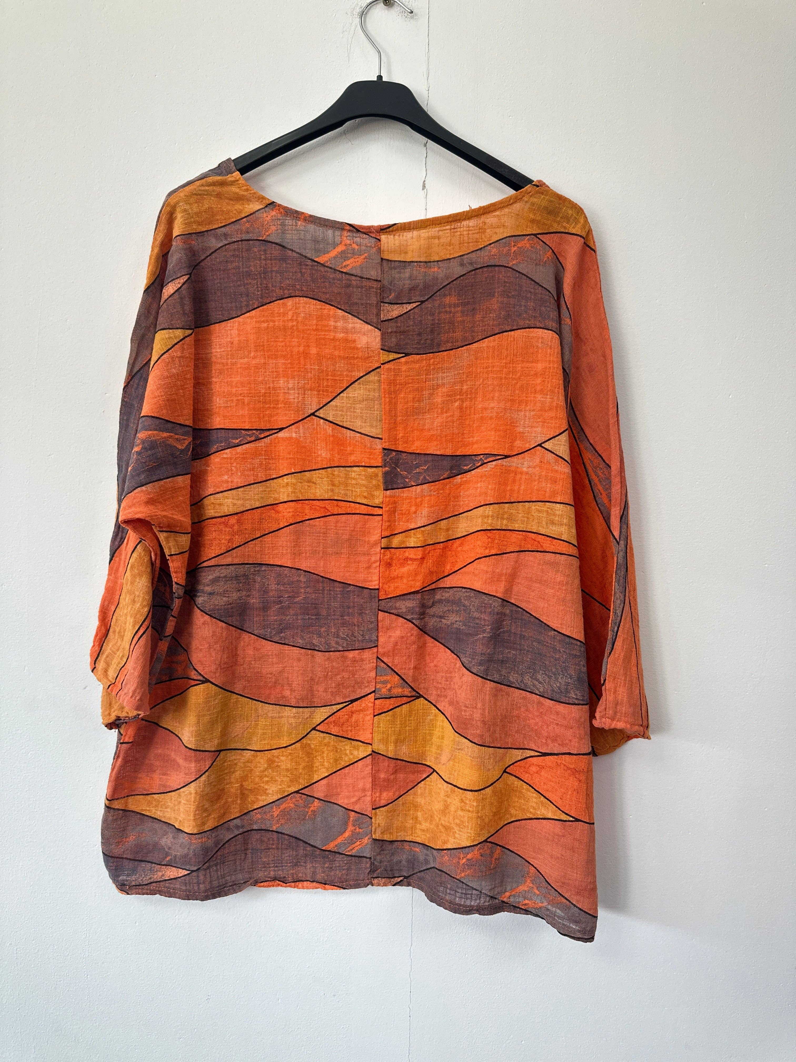 Miss Bold - Wholesale Blouse - Women's - Italian Abstract Print Oversized Linen Blend Top with 3by4 Sleeves11