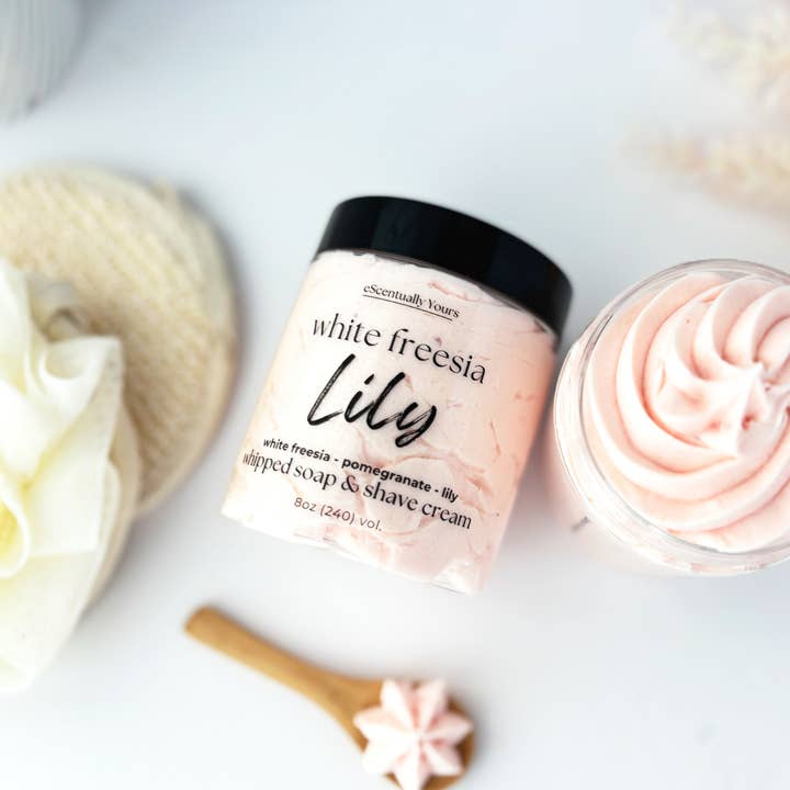 White Freesia & Lily Foaming Sugar Scrub for wholesale by eScentually Yours