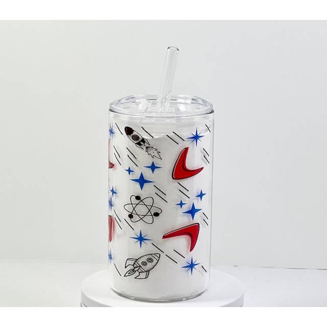 Astro Bettie – Großhandel Trinkglas/Tasse – MCM Blast Off Glas mit Trinkdeckel und Strohhalm